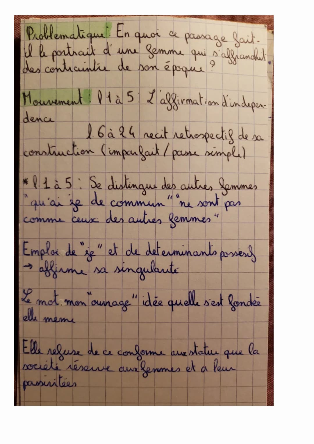 ## Problematique:
En quoi ce passage fait-il le portrait d'une femme qui s'affranchit des contraintes de son époque ?
## Mouvement:
- l.1 à