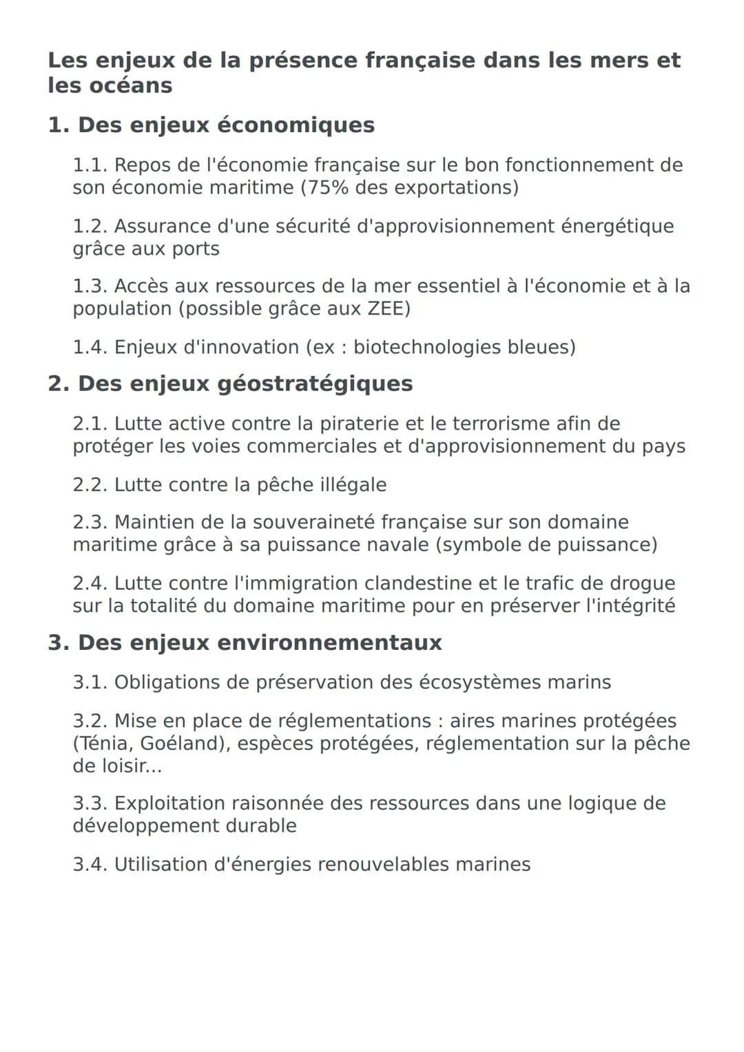 # Les enjeux de la présence française dans les mers et les océans
## Des enjeux économiques
- Repos de l'économie française sur le bon fonc