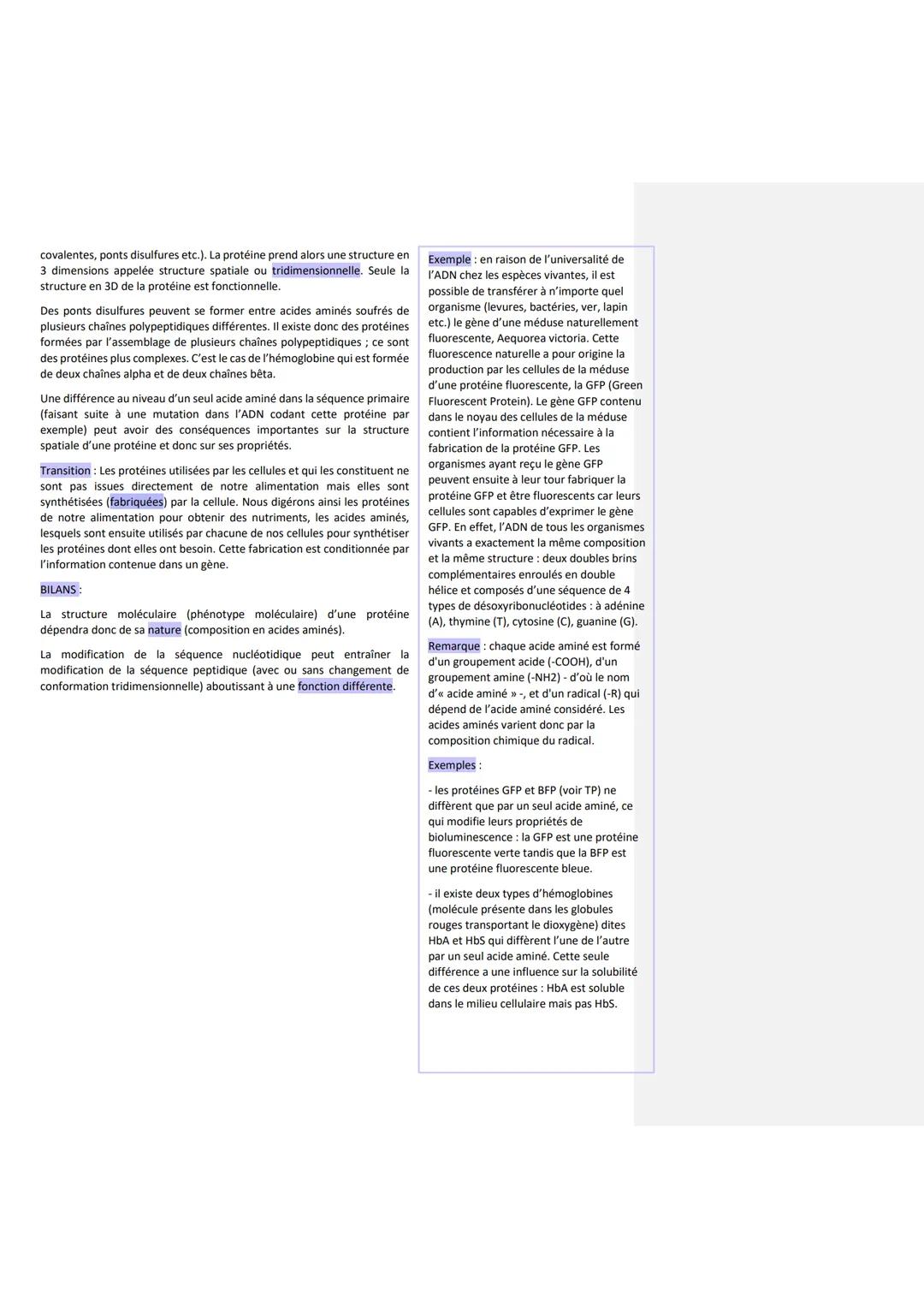 SVT: chapitre 3
Il existe donc un lien entre gènes et protéines: un gène contient une
information permettant la fabrication d'une (ou plusie
