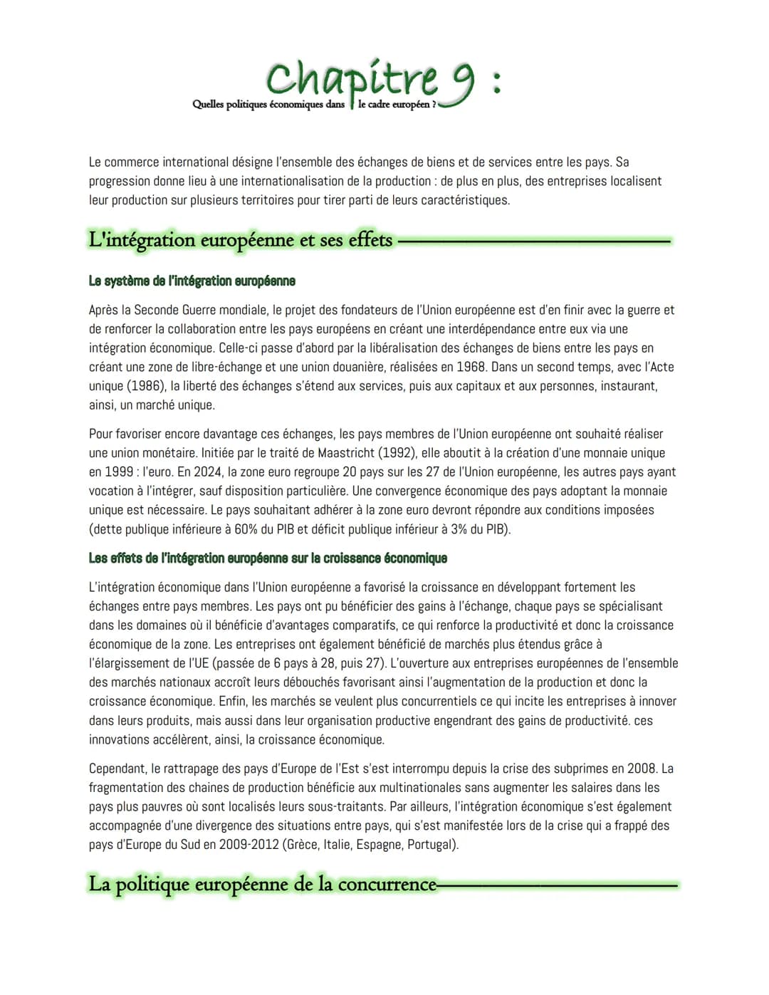 # Chapitre 9 :
Quelles politiques économiques dans le cadre européen ?
Le commerce international désigne l’ensemble des échanges de biens