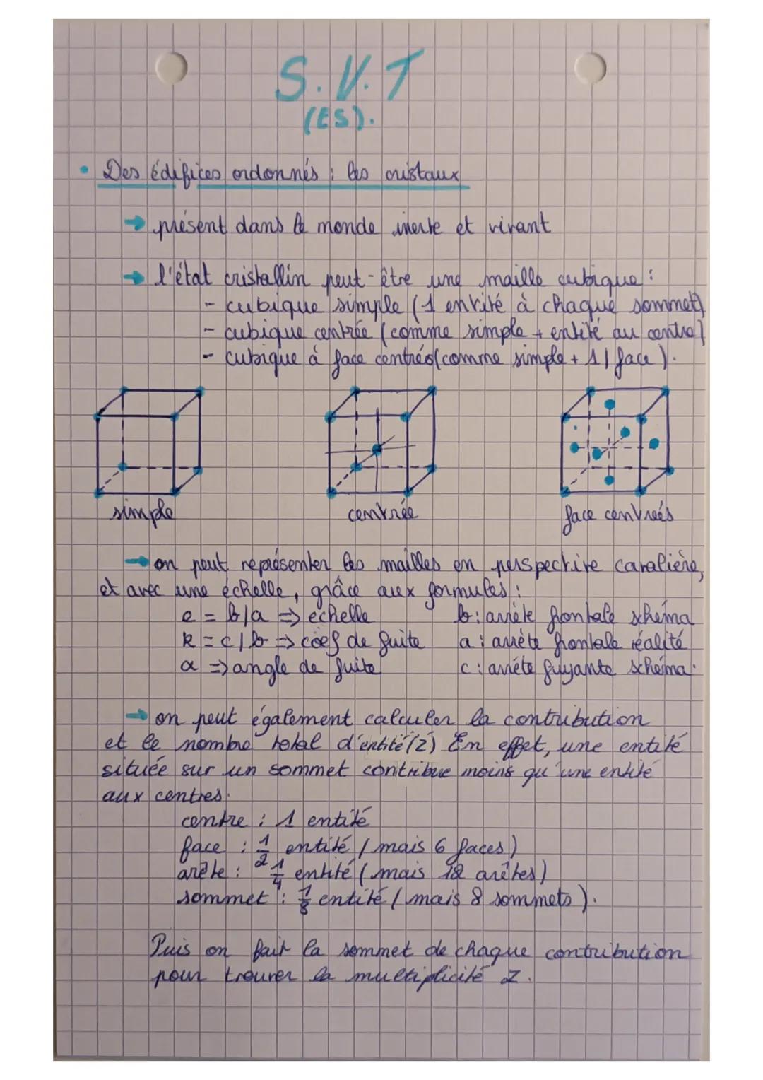 S.V.T
YES).
Des édifices ordonnés : les cristaux
→ présent dans le monde inerte et vivant
→ l'état cristallin peut être une maille cubique: