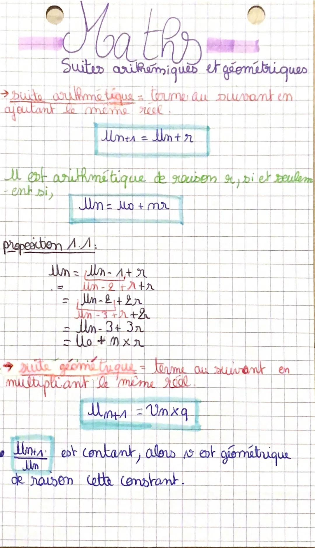 # Maths
Suites aritkémiques et géométriques
-> suite arithmétique = torme au suivant en
ajoutant le même réel.
$Un+1 = Mn+r$
Il est arithm