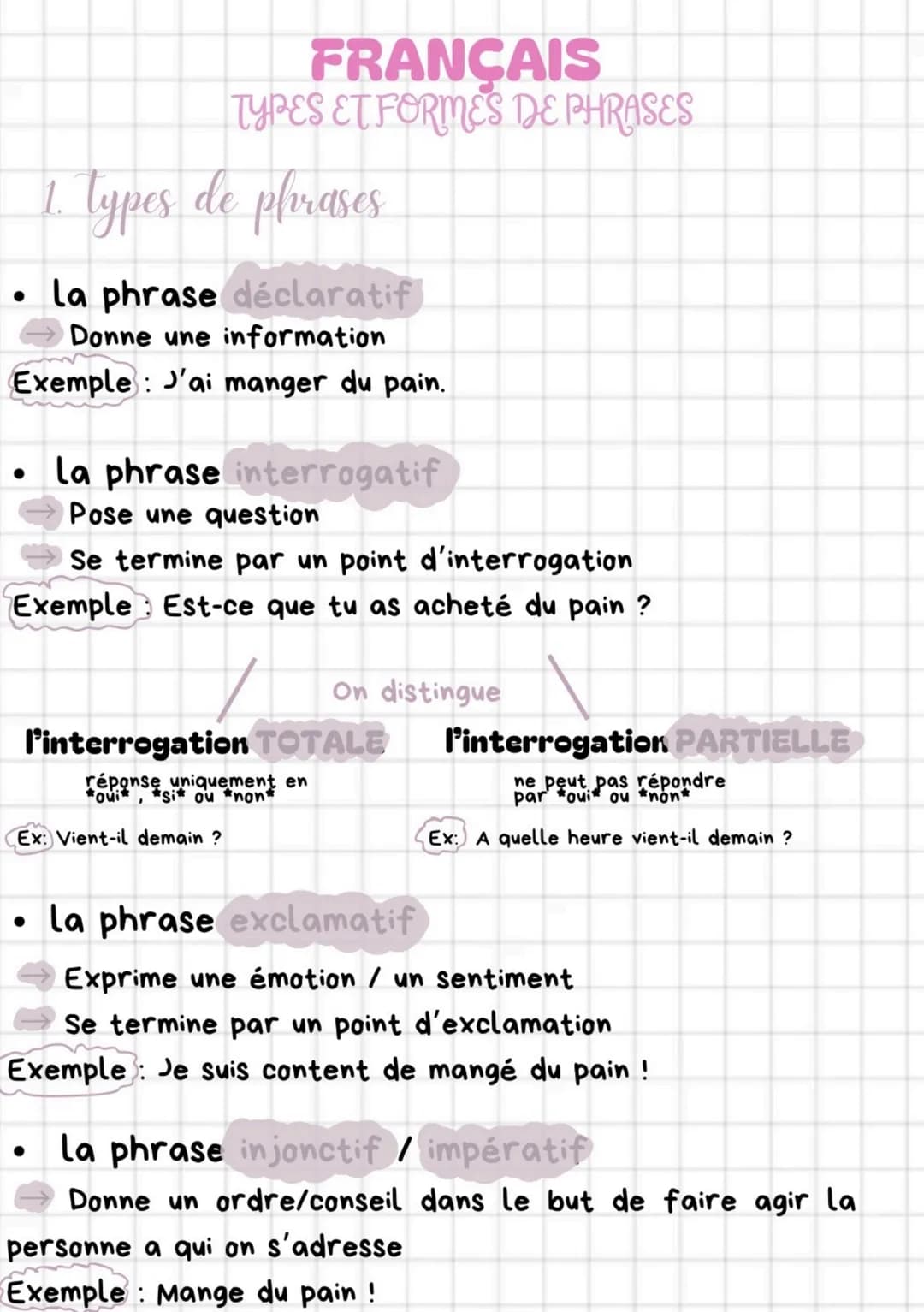 # FRANÇAIS
## TYPES ET FORMES DE PHRASES
### 1. Types de phrases
- La phrase déclaratif
- Donne une information
- Exemple: J'ai manger