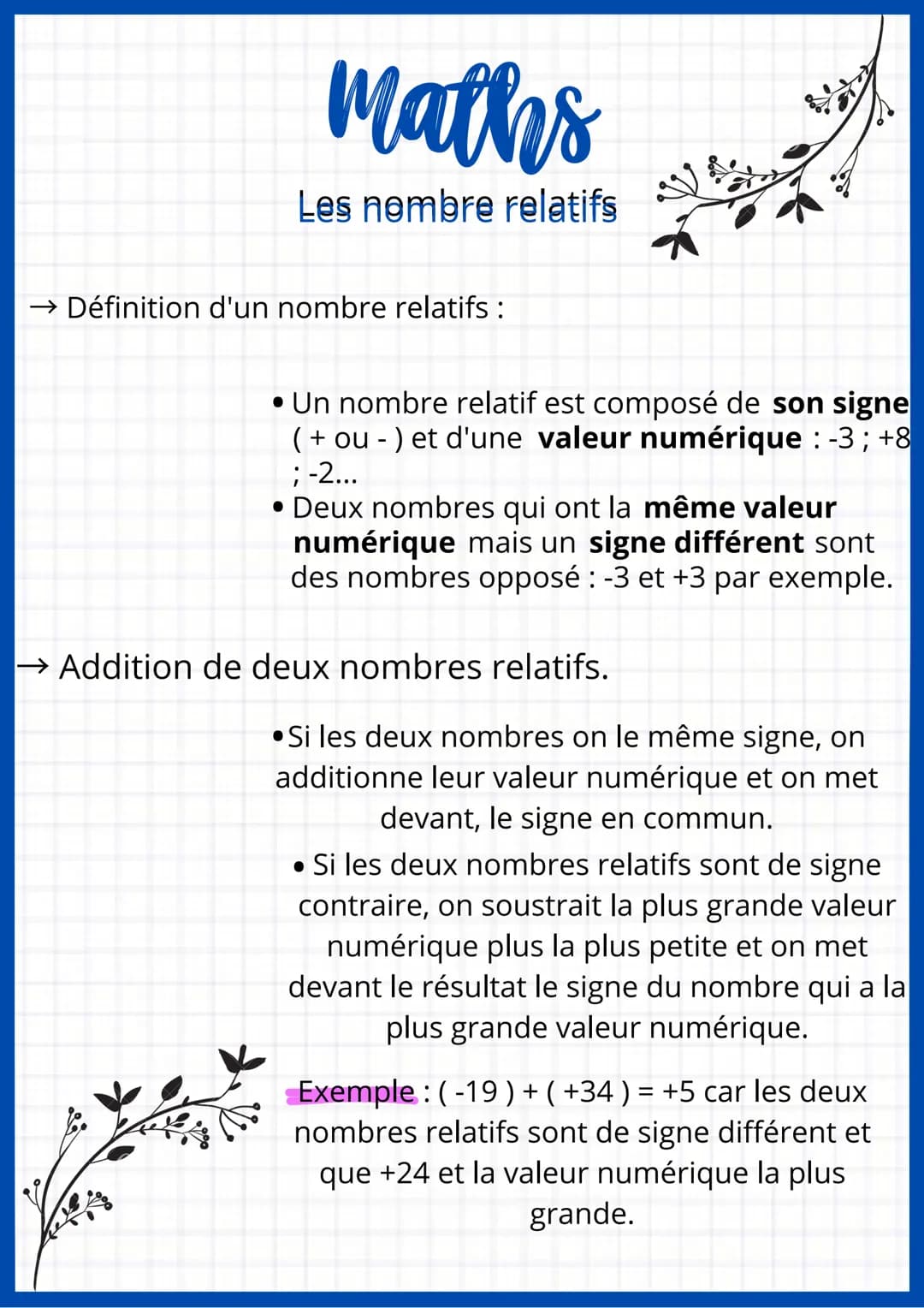 # Maths
## Les nombre relatifs
### → Définition d'un nombre relatifs :
* Un nombre relatif est composé de son signe (+ ou - ) et d'une v