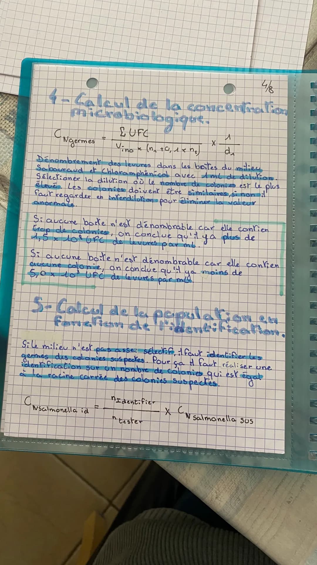 4/8
# 4- Calcul de la concentration microbiologique.
$C_{Ngermes} = \frac{\Sigma UFC}{V_{ino} \times (n_1 + 0,1 \times n_2)} \times \frac{1}
