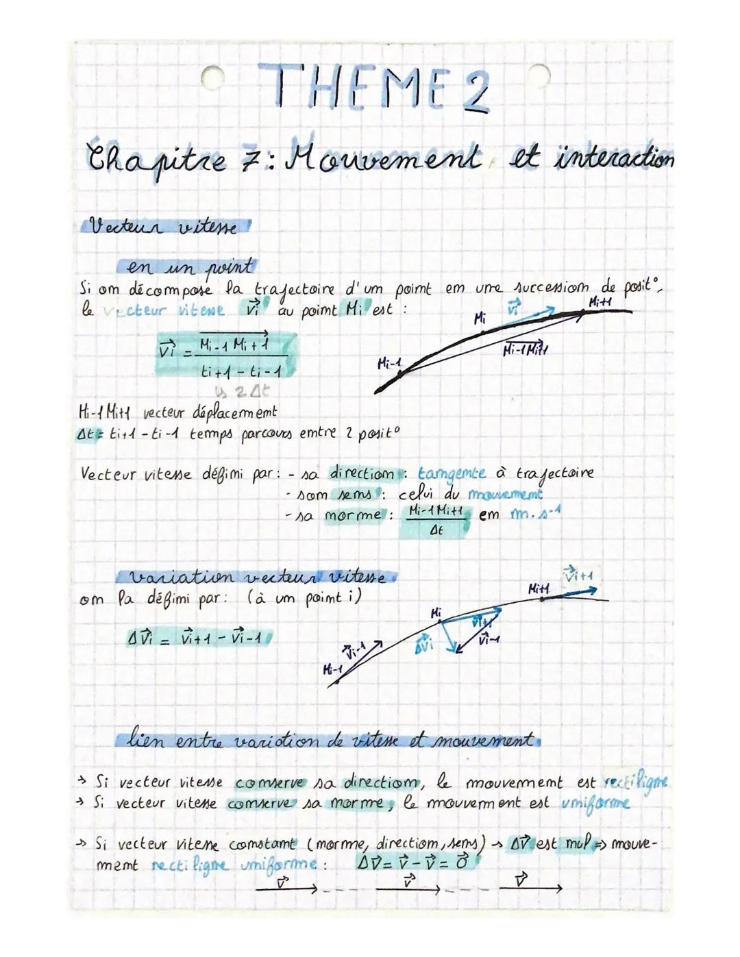 THEME 2?
Chapitre 7: Mouvement et interaction
Vecteur vitesse!
en un point
Si om decompose la trajectoire d' um poimt em ure succession