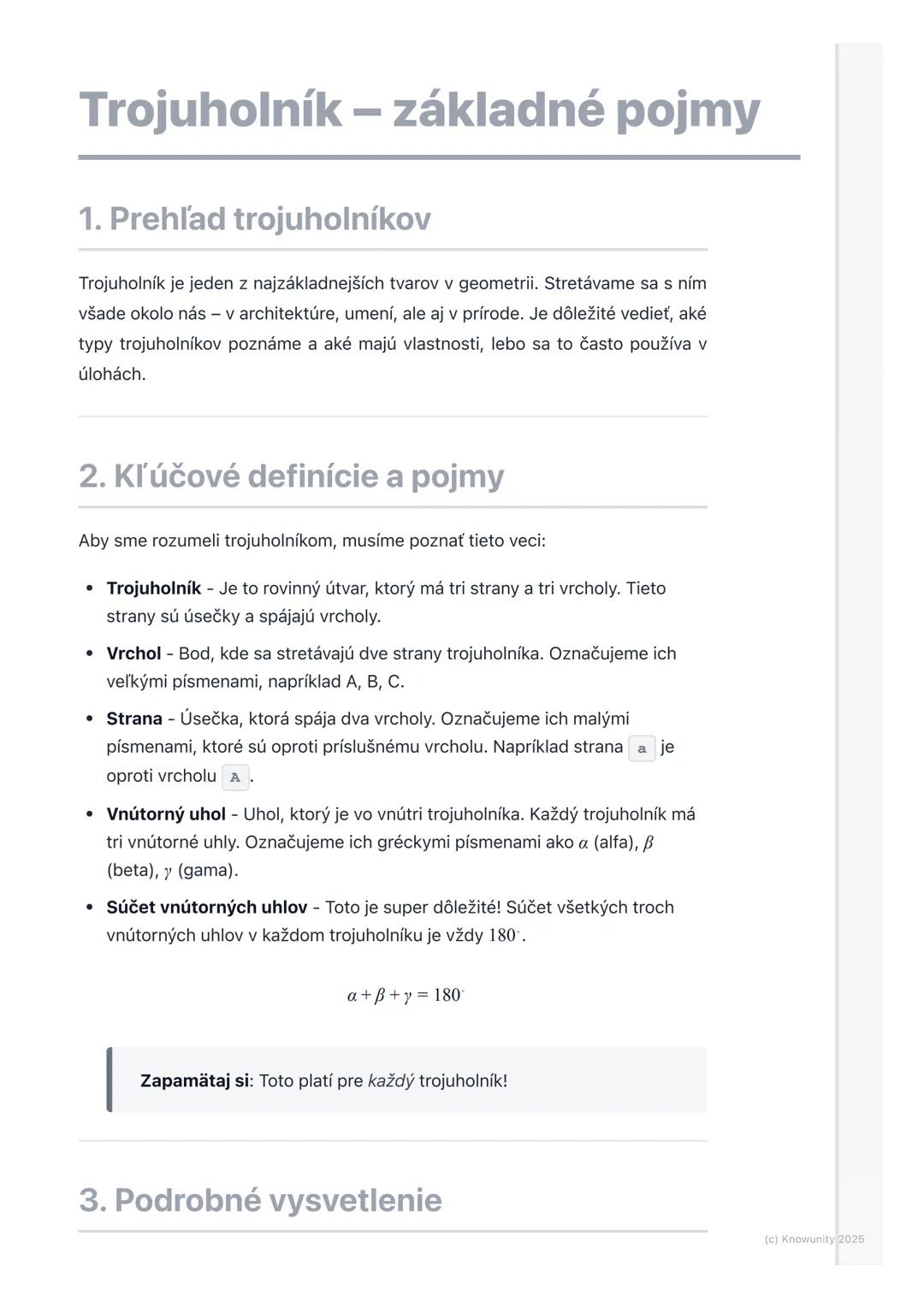 # Trojuholník - základné pojmy
1. Prehľad trojuholníkov
Trojuholník je jeden z najzákladnejších tvarov v geometrii. Stretávame sa s ním
vš