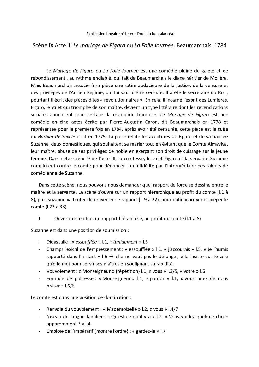 Analyse linéaire - Beaumarchais - Scène IX Acte III Le mariage de Figaro
