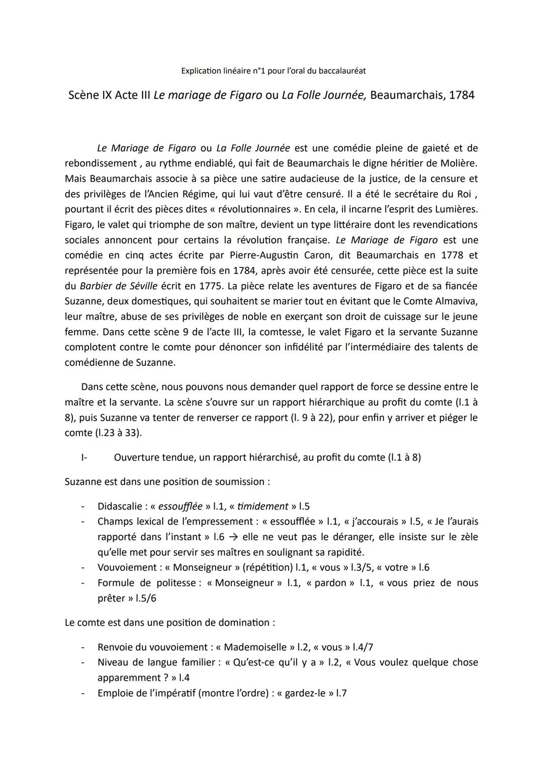 Explication linéaire n°1 pour l'oral du baccalauréat
Scène IX Acte III Le mariage de Figaro ou La Folle Journée, Beaumarchais, 1784
Le Maria