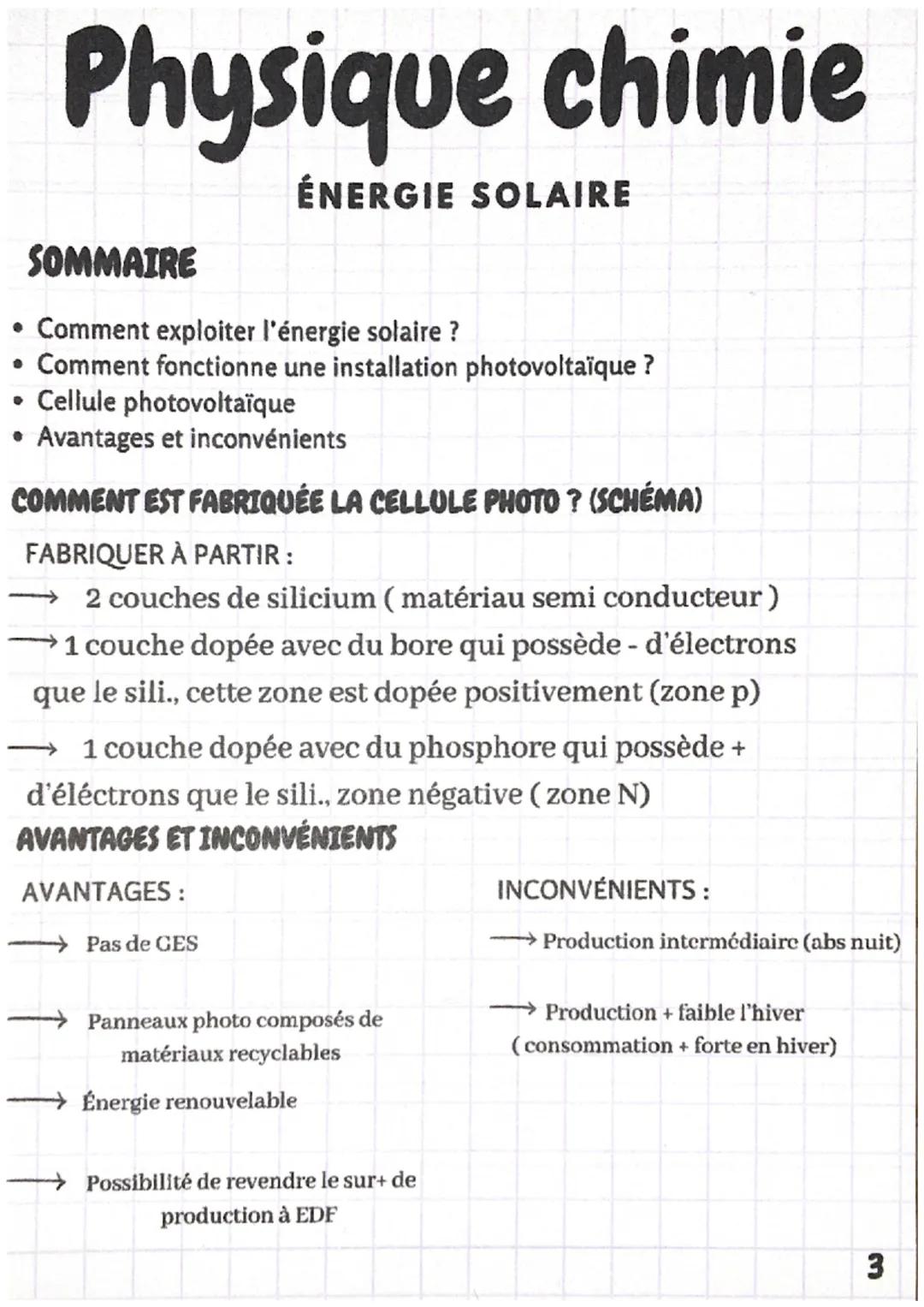 Physique chimie
ÉNERGIE SOLAIRE
SOMMAIRE
• Comment exploiter l'énergie solaire ?
• Comment fonctionne une installation photovoltaïque ?
• Ce