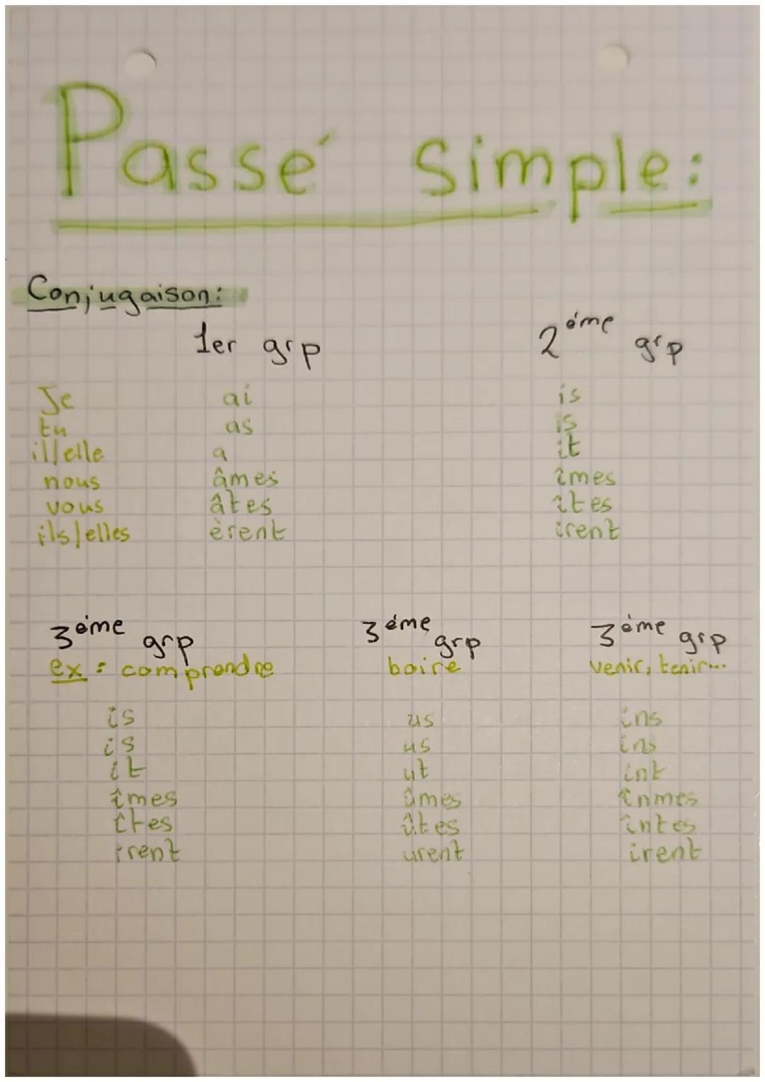 Passe Simple:
Conjugaison:
Je
tu
ilfelle
nous
vous
ils/elles
zeme
excom
is
is
it
ler
imes
thes
frent
ai
as
grp
comprendre
дір
âmes
âtes
èren