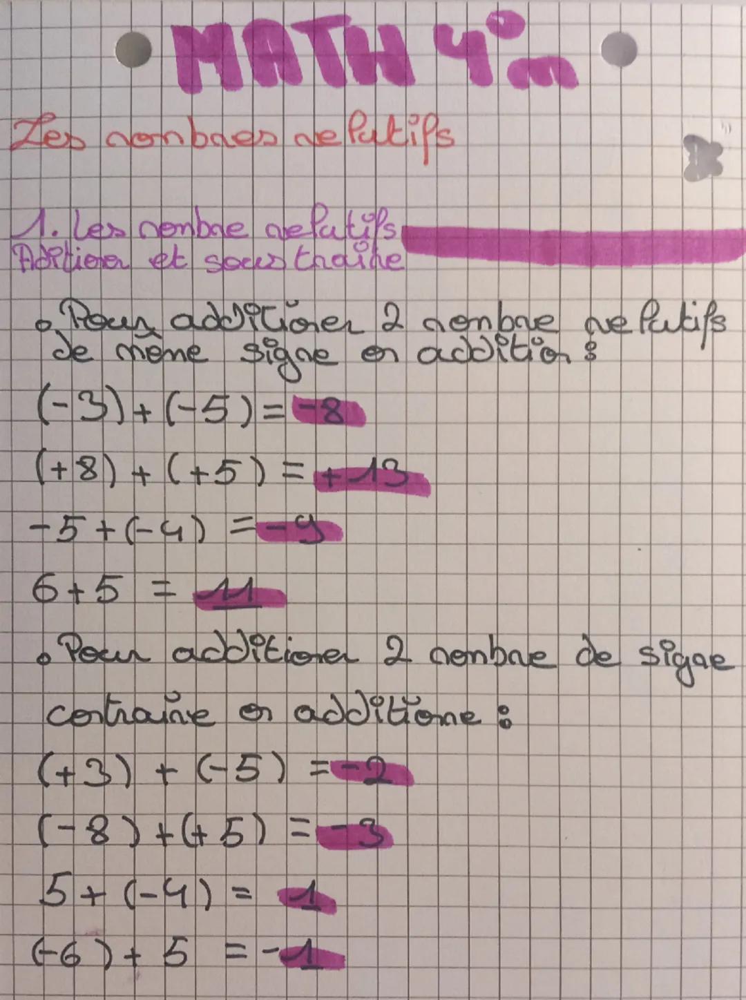 # MATH 4.
Les nombres ne lutips
1. Les nombre velutils,
Aditioner et sous traine
* Pous additioner 2 nombre velutifs
de meme signe on a