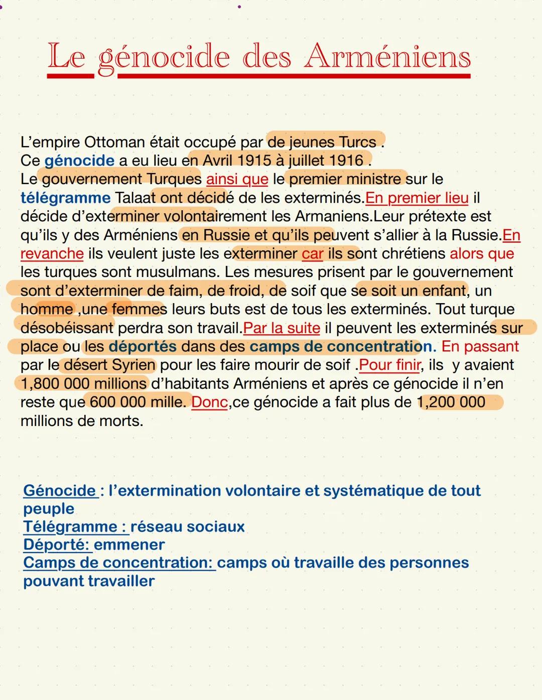 Le génocide des Arméniens
L'empire Ottoman était occupé par de jeunes Turcs .
Ce génocide a eu lieu en Avril 1915 à juillet 1916.
Le gouvern