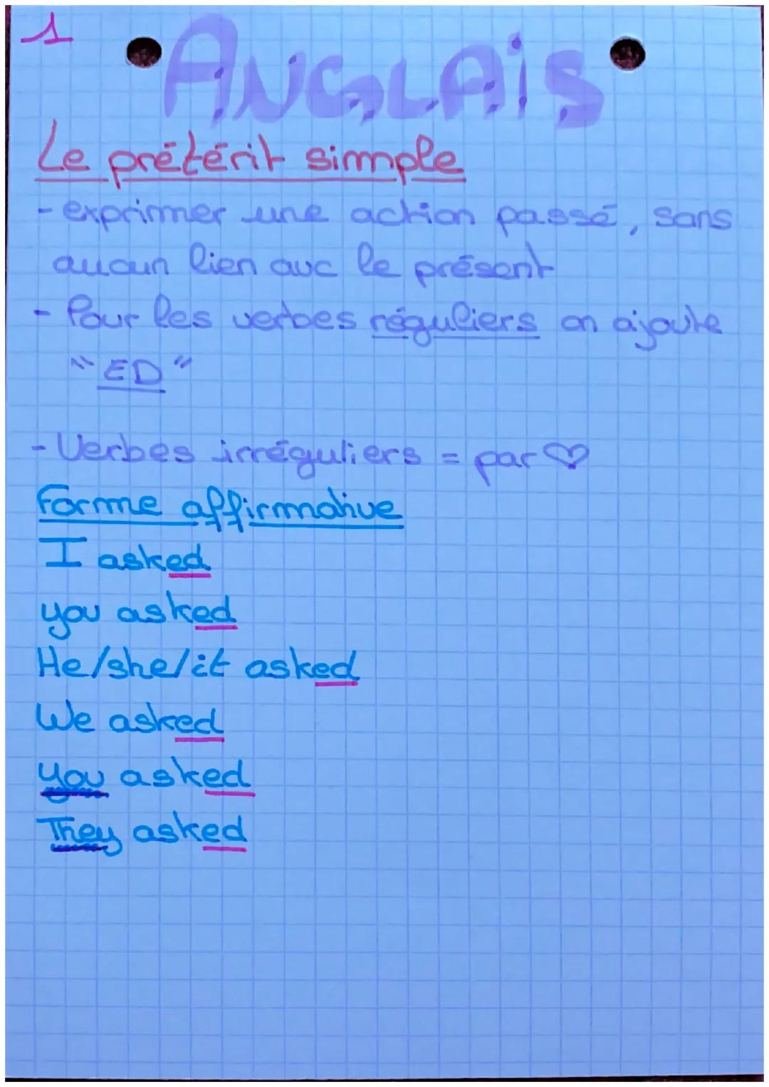 ANGLAIS
Le prétérit simple
exprimer une action passé, Sans
aucun lien avc le présent
Pour les verbes réguliers on ajoute
ED
· Verbes irrégul