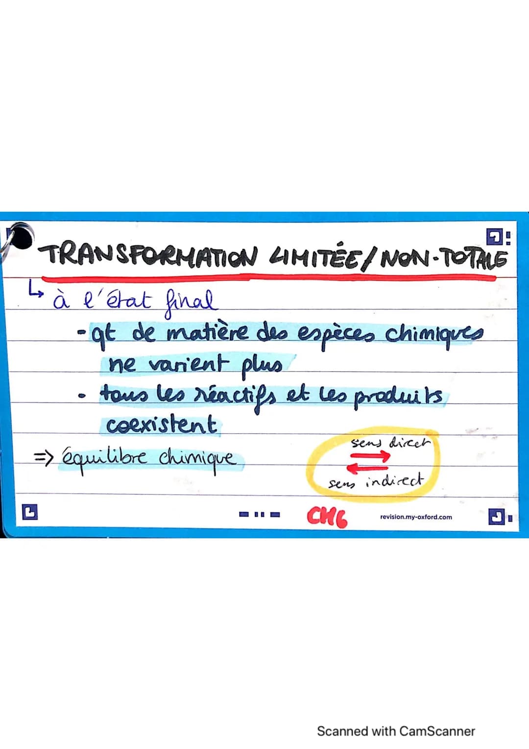 TRANSFORMATION LIMITÉE/NON-TOTALE
Là l'état final
-qt de matière des espèces chimiques
ne varient plus
•
tous les réactifs et les produits.