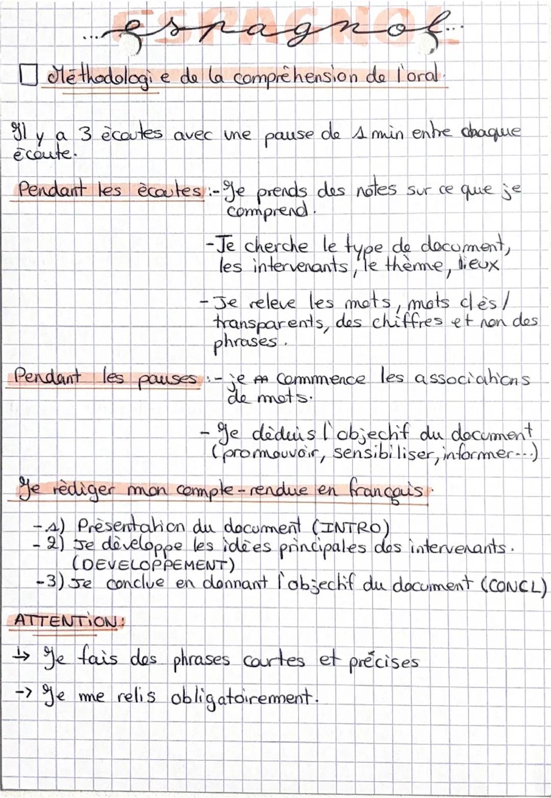 --- OCR Start ---
gspagnof...
Méthodologie de la compréhension de l'oral.
Il y a 3 ecoutes avec une pause de 1 min entre chaque
écoute.
Pend