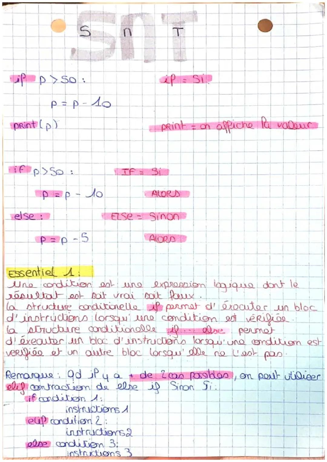 SNT conditions if elif else SECONDE