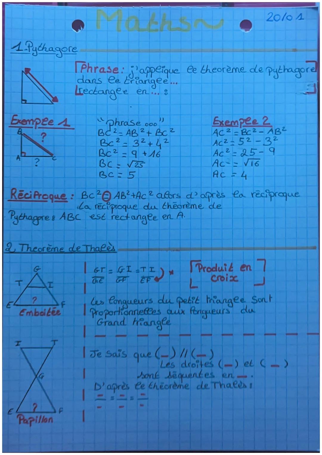 1. Pythagore
Exemple s
?
?
Exemple 2
AC²-BC²-AB²
Ac²-52-3²
Ac²= 25-9
Ac-=√16
Ac
4
Réciproque: Bc² AB² +Ac ² alors d² après la réciproque
La