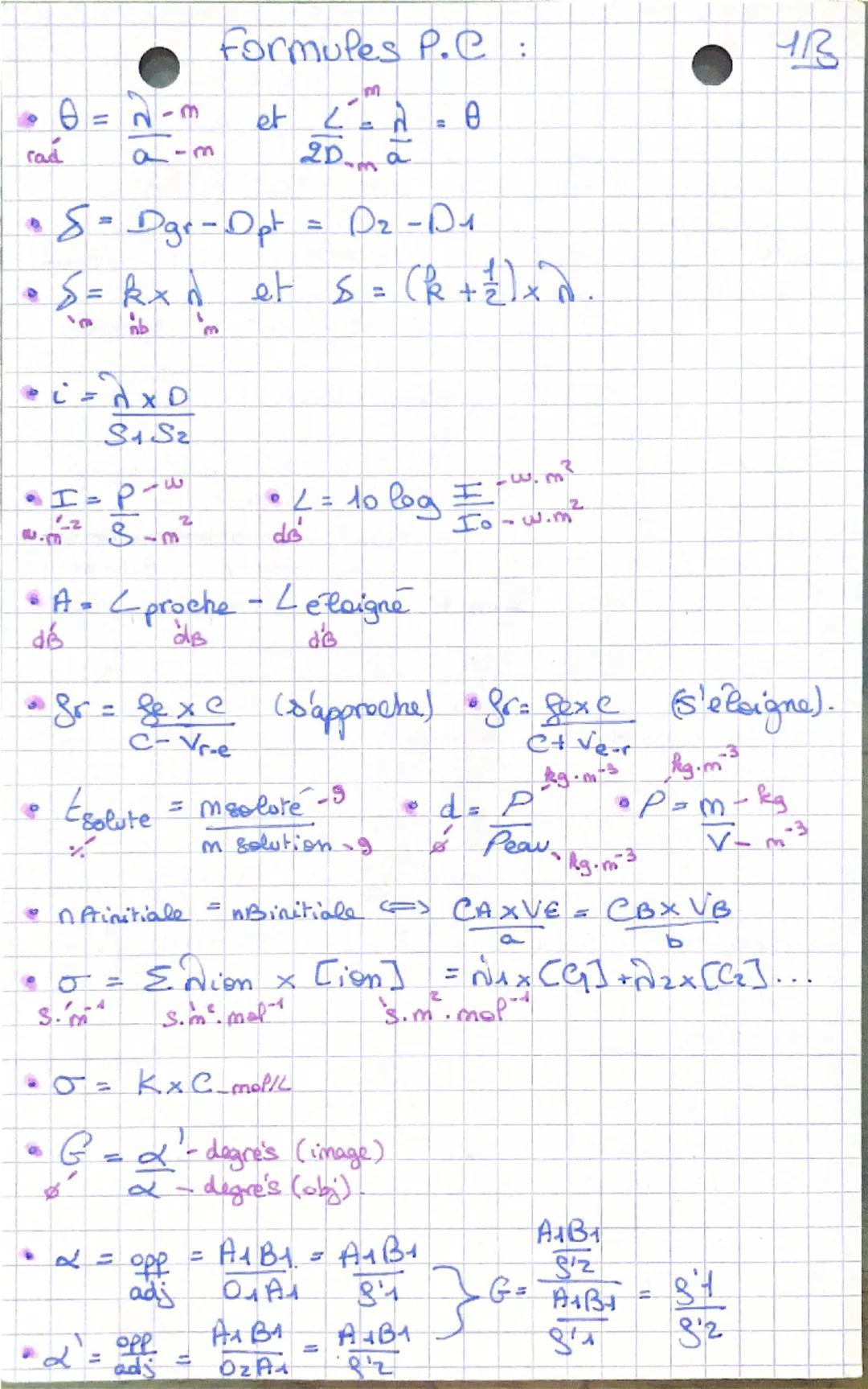 # Formules P.C:
rad
- $0 = \frac{\lambda}{a} - m$ et $\frac{L}{2D_m} = \lambda = 0$
- $S = D_{gr} - D_{pt} = D_2 - D_1$
- $S = R \times \