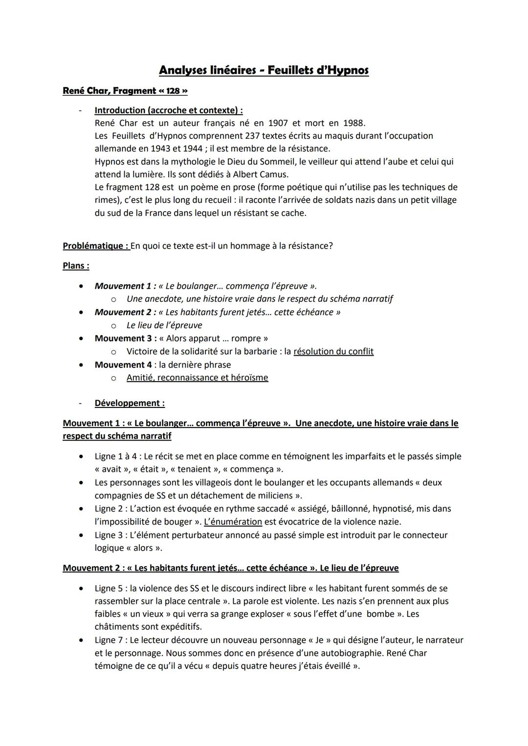 Analyse linéaire - Feuillets d’Hypnos, Fragment 128