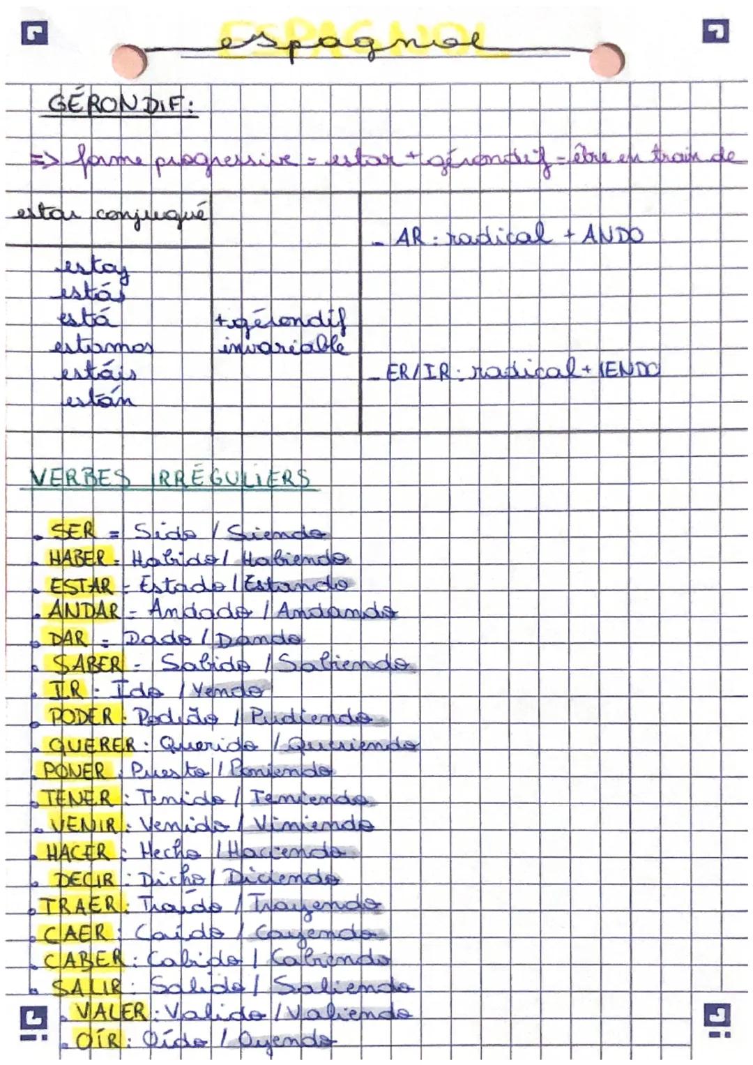 GERONDIE:
=> forme progressive estar grondif.
estar conjugué
estay
estár
estamos
estáis
testan
Драдное
+gelendif
invariable
-
AR: radical +