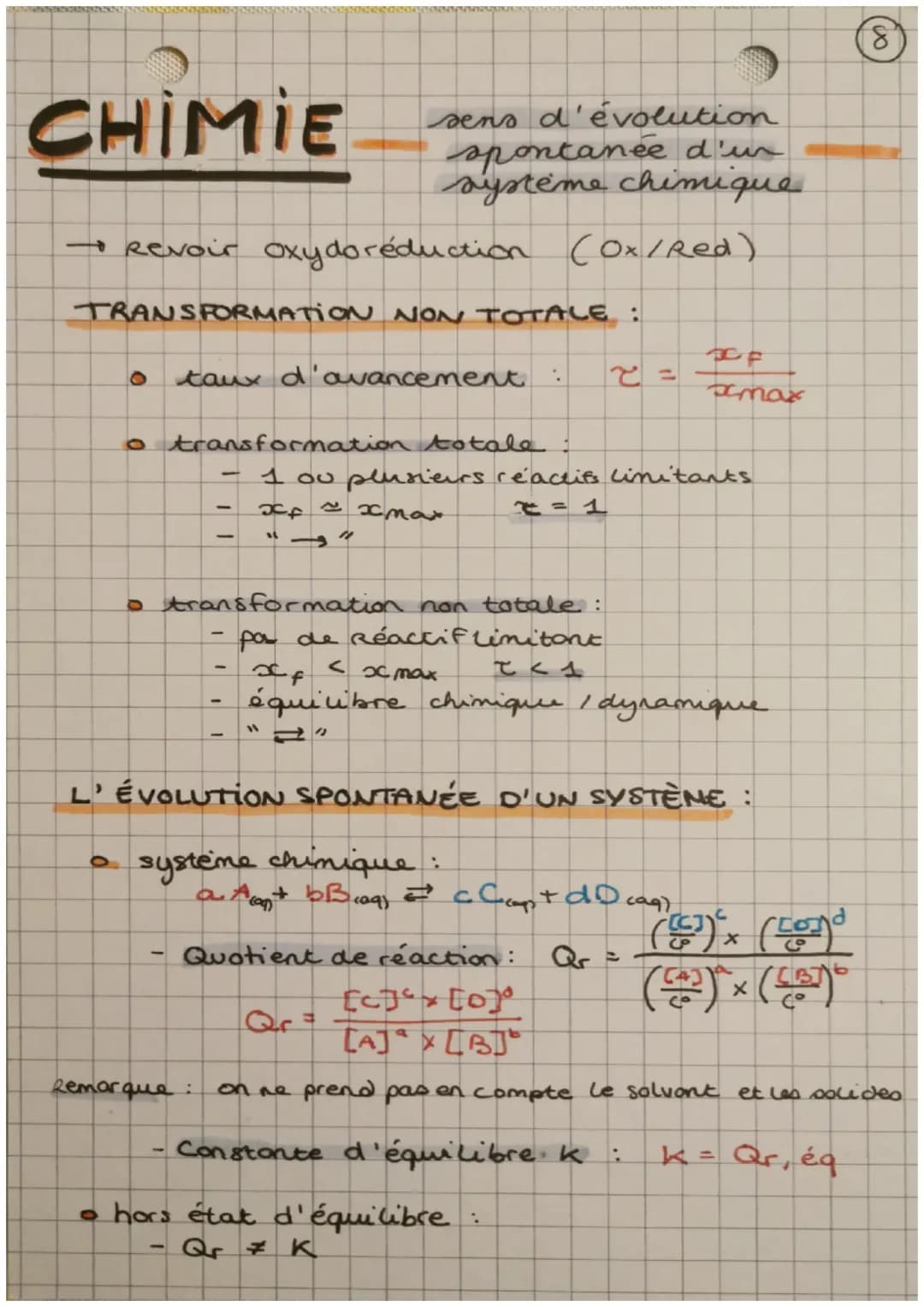 # CHIMIE
sens d'évolution
spontanée d'un
systeme chimique
→Revoir oxydoréduction (Ox/Red)
TRANSFORMATION NON TOTALE :
o taux d'avancement