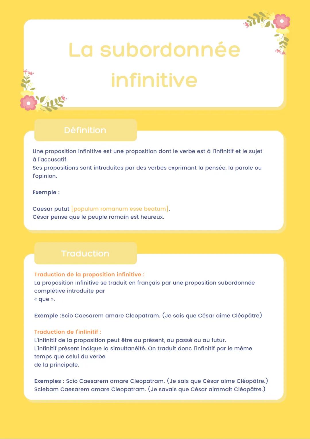 # La subordonnée
infinitive
Définition
Une proposition infinitive est une proposition dont le verbe est à l'infinitif et le sujet
à l'acc