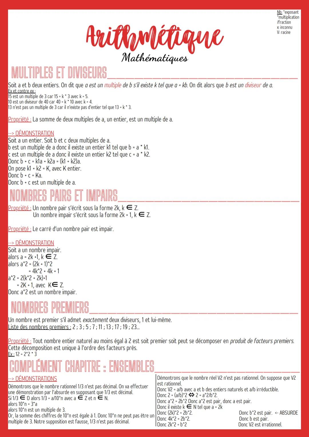MULTIPLES ET DIVISEURS
Soit a et b deux entiers. On dit que a est un multiple de b s'il existe k tel que a = kb. On dit alors que b est un d