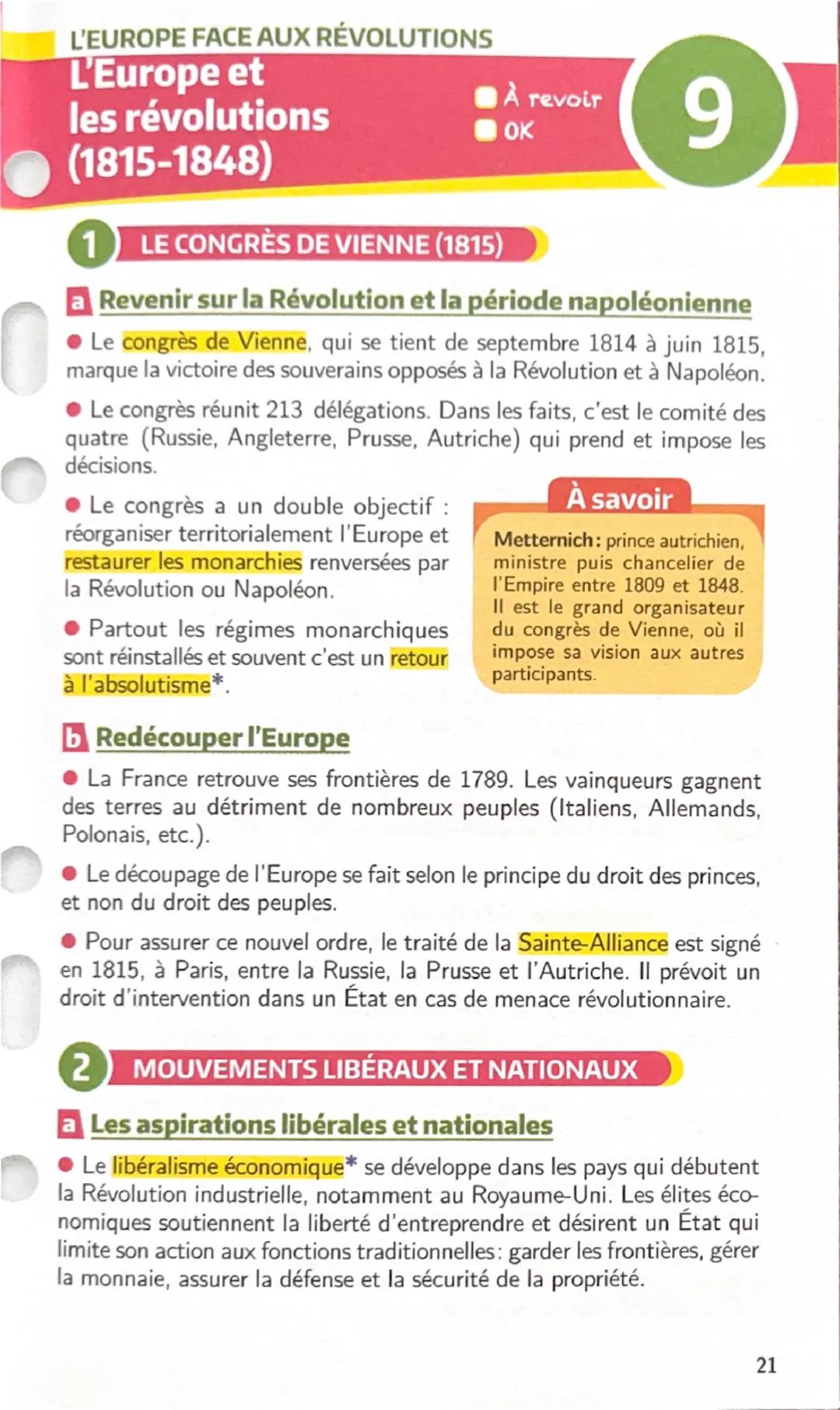 L'EUROPE FACE AUX RÉVOLUTIONS
L'Europe et
les révolutions
(1815-1848)
1 LE CONGRÈS DE VIENNE (1815)
À revoir
OK
9
a Revenir sur la Révolutio