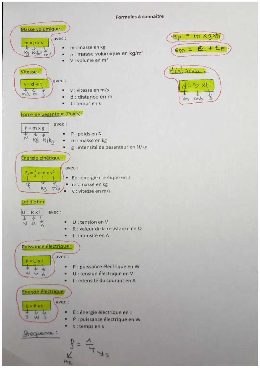 Formules à connaître
Masse volumique:
$m = \rho x V$
↓ ↓
Kg $\frac{Kg}{m^3}$ $m^3$
avec:
* m: masse en kg
* $\rho$: masse volumique