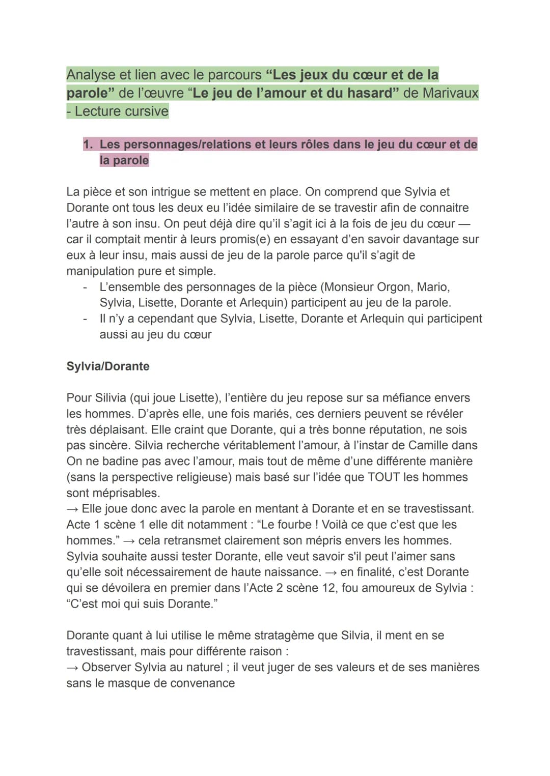 Analyse et lien avec le parcours "Les jeux du cœur et de la
parole" de l'œuvre "Le jeu de l'amour et du hasard" de Marivaux
Lecture cursive
