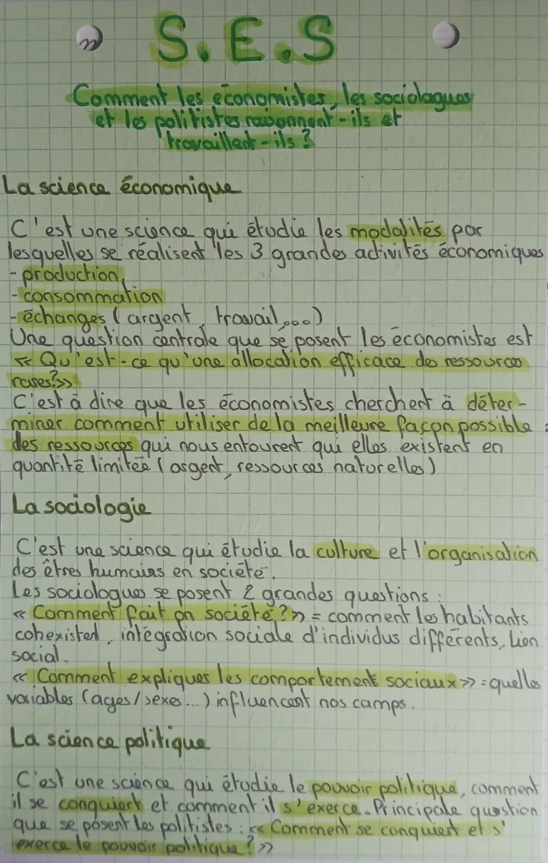S.E.S
Comment les economistes, les sociolagues
et les politistes ravonnent-ils et
travaillent-ils ?
La science économique
C'est une science