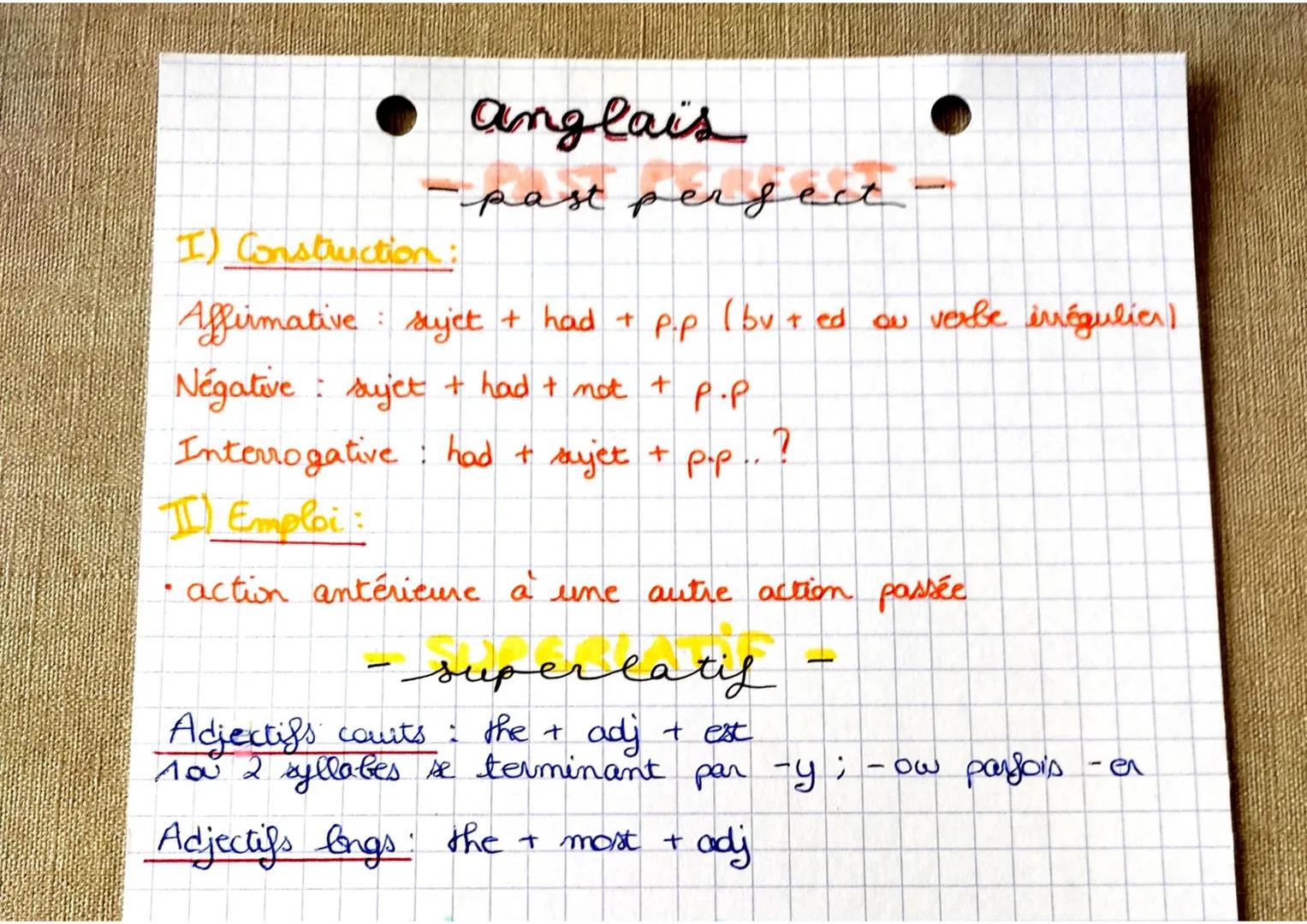 • anglais
-past perfect
I) Construction:
Affirmative sujet + had + p.p (bv + ed ou verbe irrégulier)
Négative sujet + had + not +
:
P.P
7
In