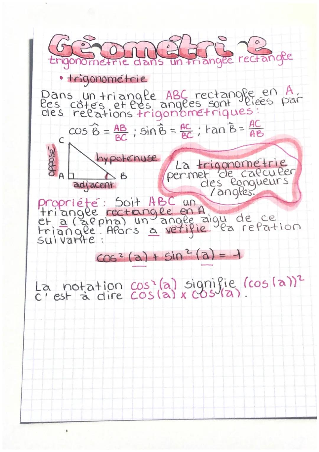 Géométrie
geometrie dans le triangle
D
• Pythagore et sa reciproque (Rappel)
Dans tout triangle ABC rectangle en A
on a la relation de :
Pyt