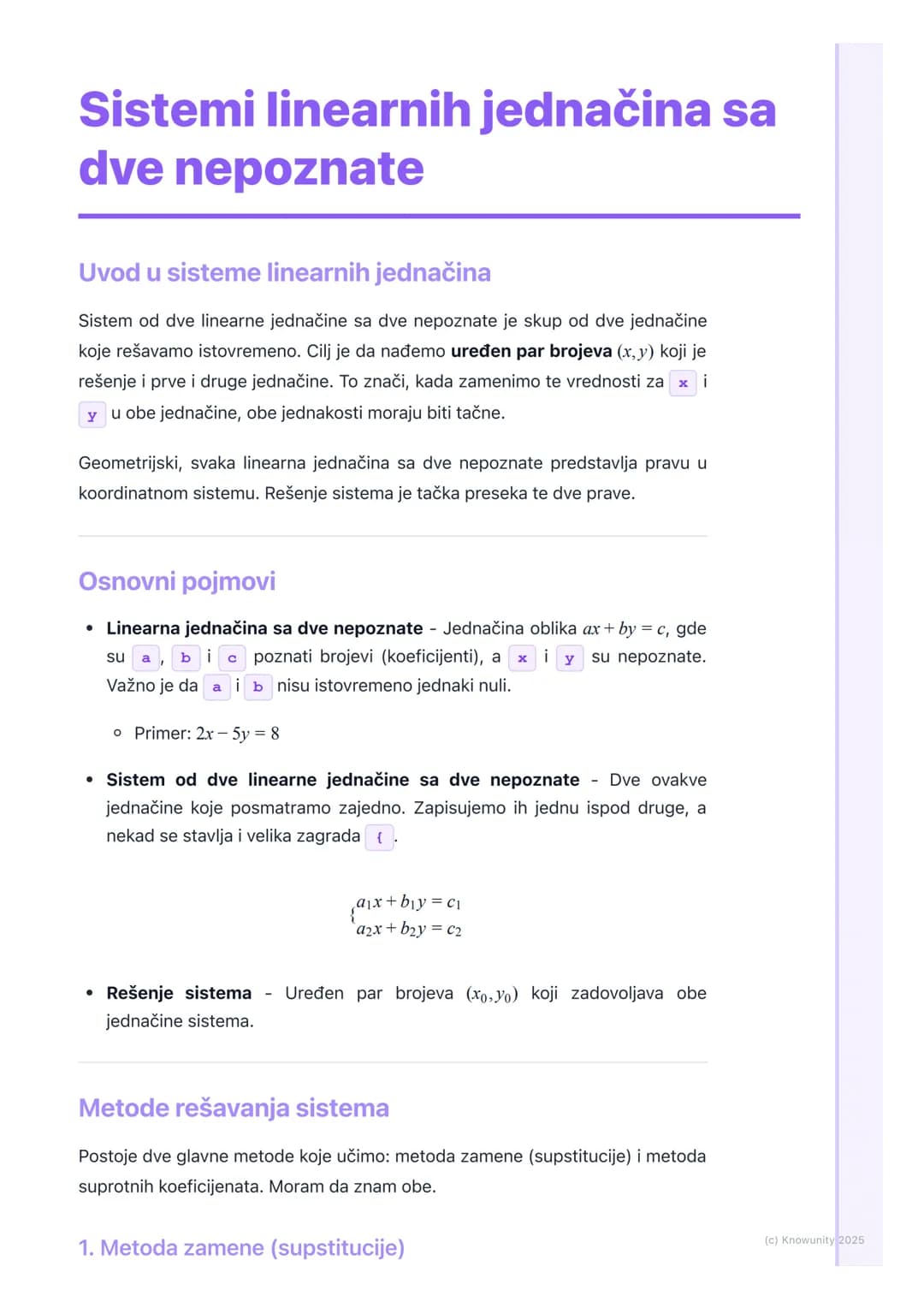 # Sistemi linearnih jednačina sa
dve nepoznate
Uvod u sisteme linearnih jednačina
Sistem od dve linearne jednačine sa dve nepoznate je sku