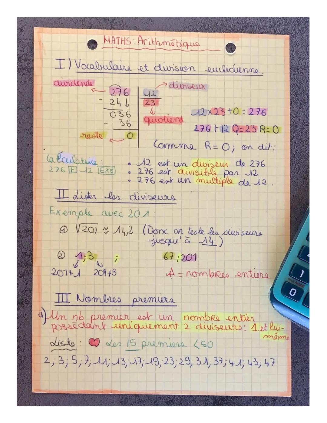 MATHS: Arithmétique
I) Vocabulaire et division euclidienne.
dividende
diviseur
← 276
241
036
36
reste
Calculature
276 F2 EXE
e
2011 201+3
e