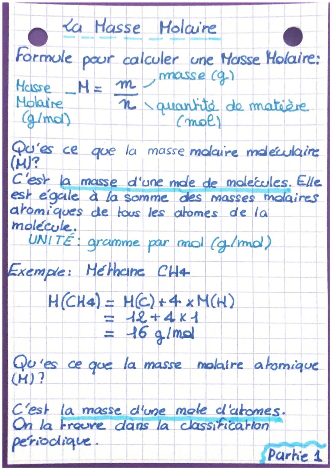 # La Hasse Molaire
Formule pour calculer une Masse Holaire:
Masse M = m, masse (g)
Molaire
(g/mol)
n quantité de matière
(mol)
Qu'es ce qu