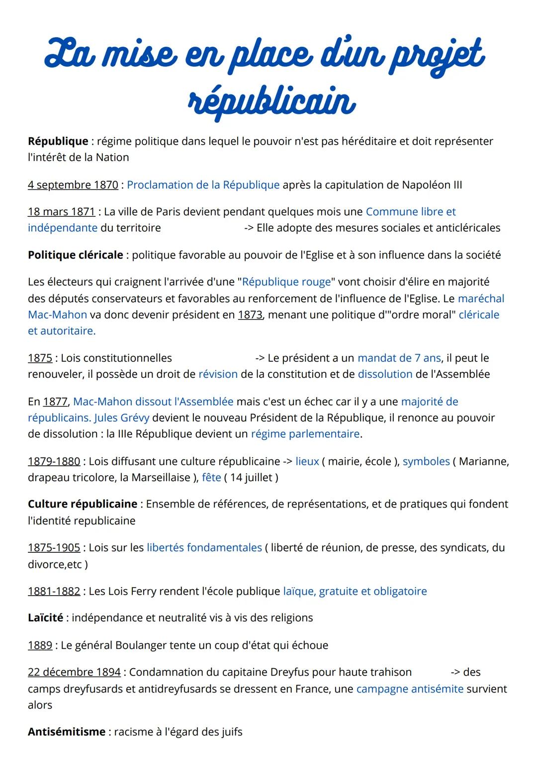 # La mise en place d'un projet
républicain
République: régime politique dans lequel le pouvoir n'est pas héréditaire et doit représenter
l'