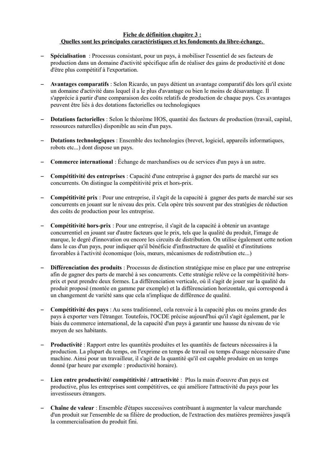 Fiche de définition chapitre 3 :
Quelles sont les principales caractéristiques et les fondements du libre-échange.
Spécialisation Processus
