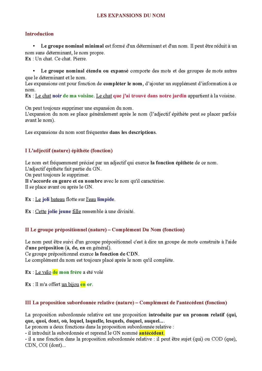 les expansions du nom fiche de révision