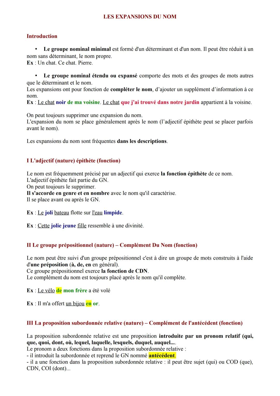 Introduction
●
Le groupe nominal minimal est formé d'un déterminant et d'un nom. Il peut être réduit à un
nom sans déterminant, le nom propr