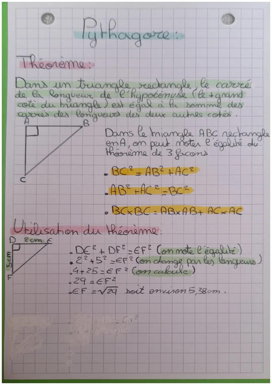 # Pythagore:
## Théorème:
Dans un triangle rectangle le carré
de la longueur de l'hypotenuse (le + grand
cote du triangle) Jest est égal à