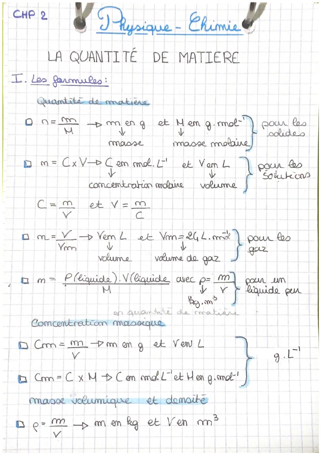 CHP 2 Physique-Chimie
LA QUANTITÉ DE MATIERE
I. Les formules :
Quantité de matière
$
\Box n=\frac{m}{M} \rightarrow m \text{ en } g
\do