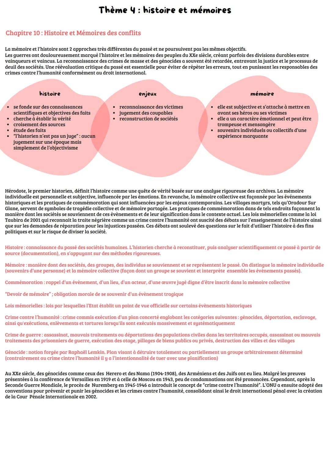 # Thème 4: histoire et mémoires
Chapitre 10: Histoire et Mémoires des conflits
La mémoire et l'histoire sont 2 approches très différentes