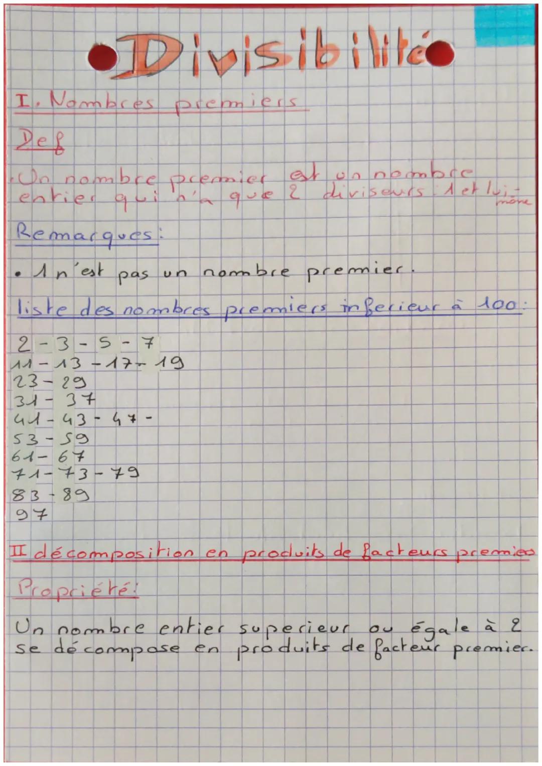 # •Divisibilite
I. Nombres premiers
Def
Un nombre premier est un nombre
entier qui n'a que Plaque & diviseurs 1 et luione
Remarques:
*