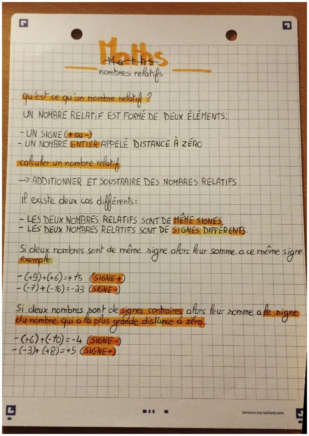 # Maths
nombres relatifs
qu'est ce qu'un nombre relatif ?
UN NOMBRE RELATIF EST FORMÉ DE DEUX ÉLÉMENTS:
-UN SIGNE (+ou-)
UN NOMBRE ENTI