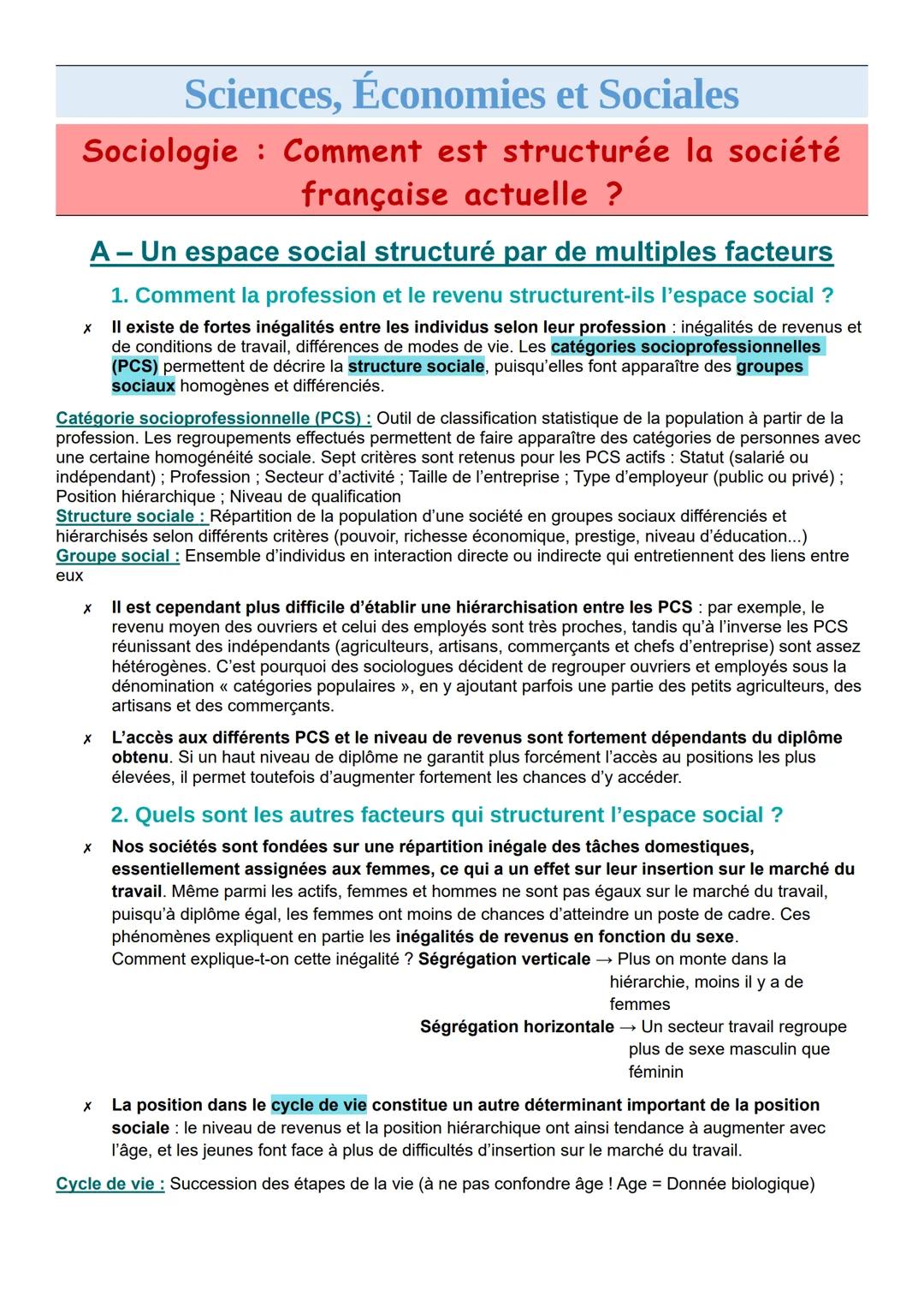 --- OCR Start ---
Sciences, Économies et Sociales
Sociologie: Comment est structurée la société
française actuelle ?
A- Un espace social str
