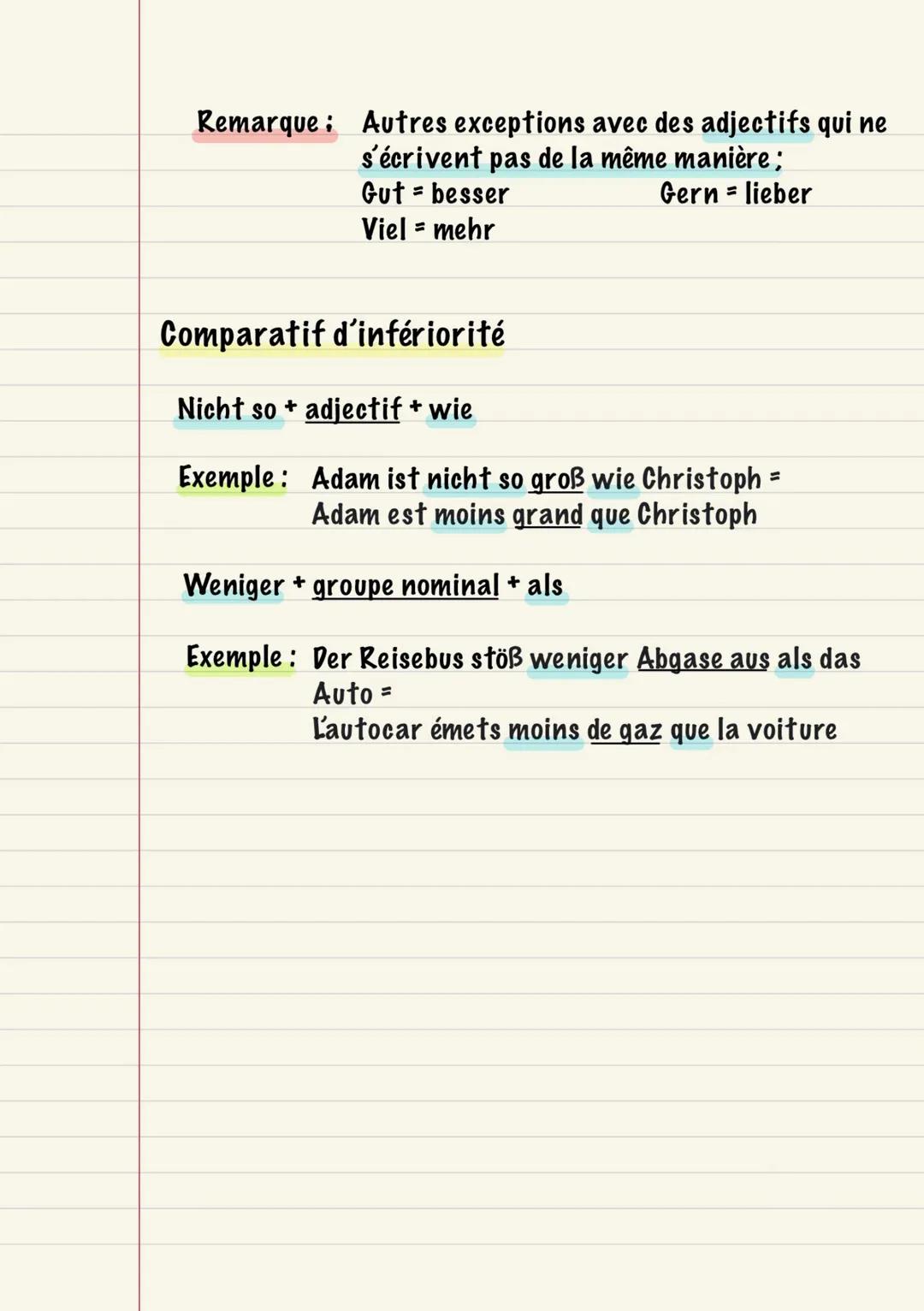 =>
Allemand
Le comparatif d´égalité, de supériorité et
d'infériorité
Comparatif d'égalité
So + adjectif + wie
Exemple: Das Auto ist so schne