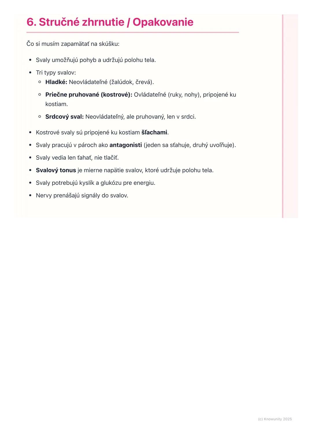 # Svaly a ich činnosť
1. Prehľad / Úvod
Svaly sú super dôležitá časť nášho tela. Spolu s kosťami tvoria opornú a
pohybovú sústavu, ktorá n