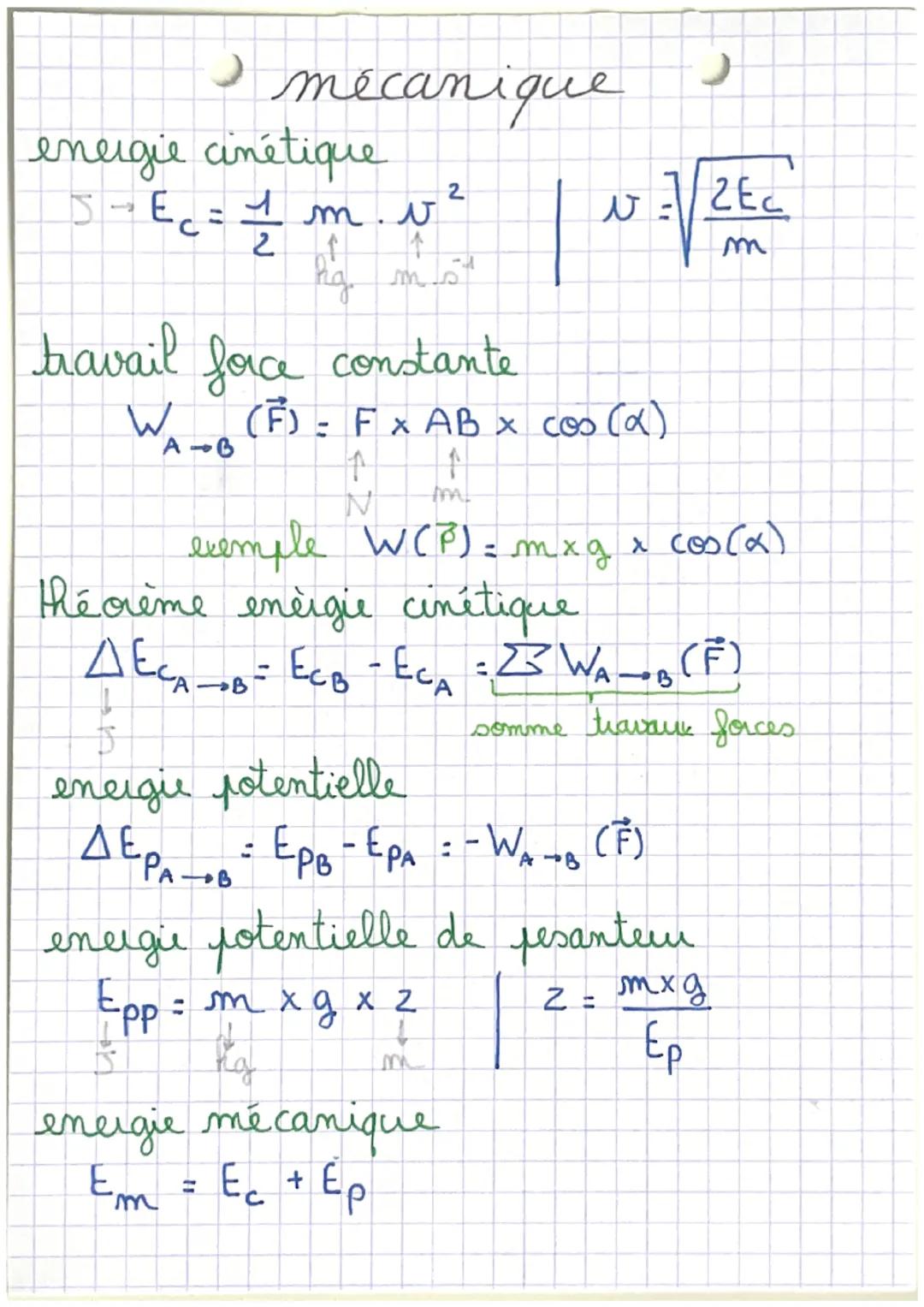 mécanique
energie cinétique
$J \rightarrow E_c = \frac{1}{2} m . v^2$ $|$ $v = \sqrt{\frac{2E_c}{m}}$
travail force constante
$W_{A \right